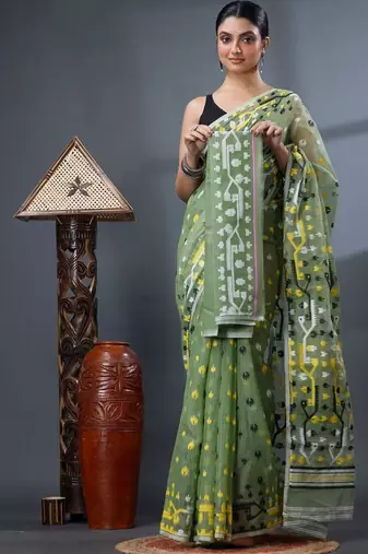 green ethnic motifs silk cotton handloom jamdani saree
