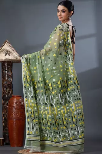 green ethnic motifs silk cotton handloom jamdani saree