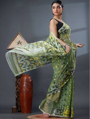 green ethnic motifs silk cotton handloom jamdani saree 5