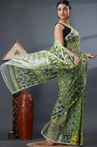 green ethnic motifs silk cotton handloom jamdani saree