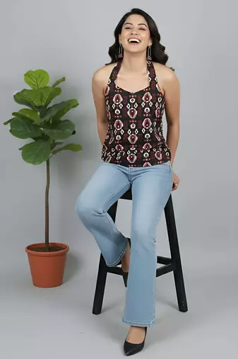 Black cotton printed top for women