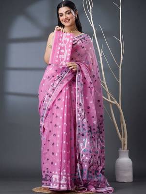 pink ethnic motifs silk cotton handloom jamdani saree 1