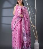 pink ethnic motifs silk cotton handloom jamdani saree