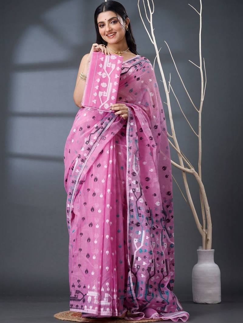 pink ethnic motifs silk cotton handloom jamdani saree