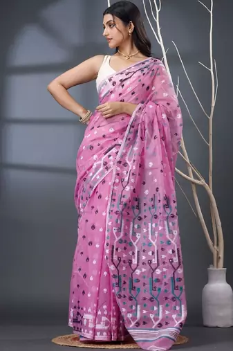 pink ethnic motifs silk cotton handloom jamdani saree