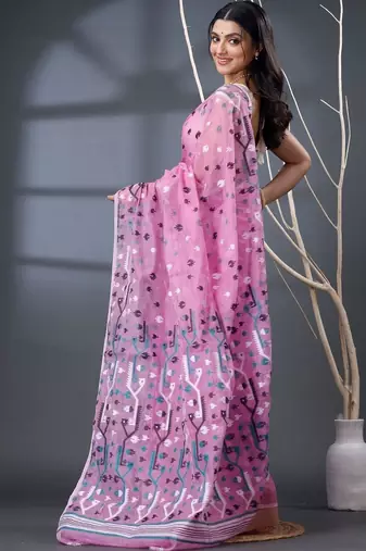 pink ethnic motifs silk cotton handloom jamdani saree