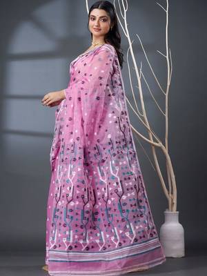 pink ethnic motifs silk cotton handloom jamdani saree 5