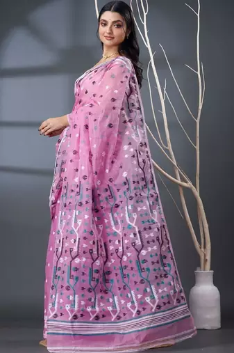 pink ethnic motifs silk cotton handloom jamdani saree