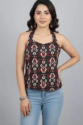 Black cotton printed top for women