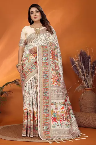 white pashmina silk weaving saree with unstitched blouse piece
