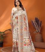 white pashmina silk weaving saree with unstitched blouse piece
