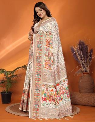 white pashmina silk weaving saree with unstitched blouse piece 2