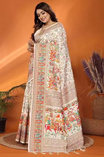 white pashmina silk weaving saree with unstitched blouse piece