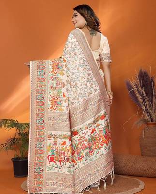 white pashmina silk weaving saree with unstitched blouse piece 3