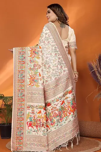white pashmina silk weaving saree with unstitched blouse piece