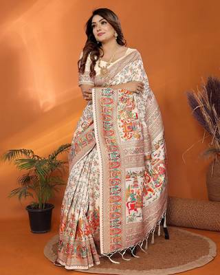white pashmina silk weaving saree with unstitched blouse piece 4