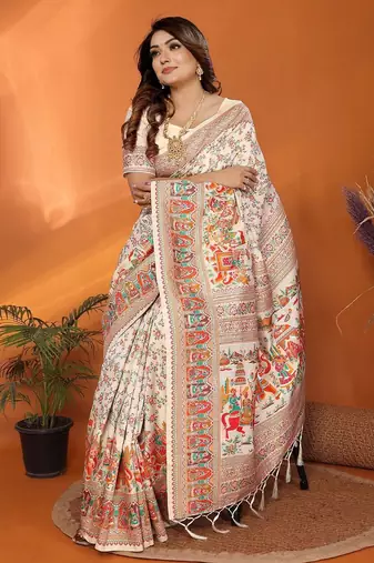 white pashmina silk weaving saree with unstitched blouse piece