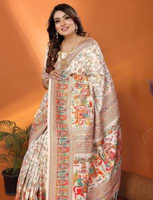 white pashmina silk weaving saree with unstitched blouse piece 5