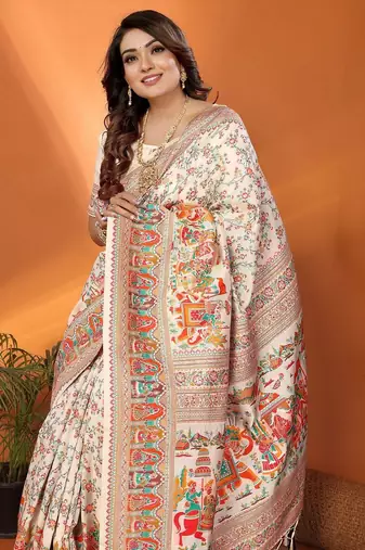white pashmina silk weaving saree with unstitched blouse piece