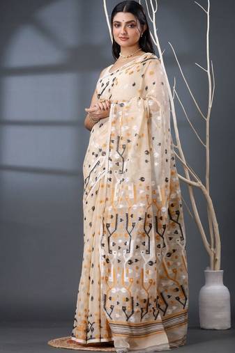 cream woven design silk cotton handloom jamdani saree