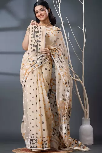 cream woven design silk cotton handloom jamdani saree