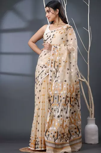 cream woven design silk cotton handloom jamdani saree