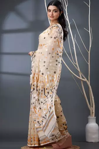 cream woven design silk cotton handloom jamdani saree