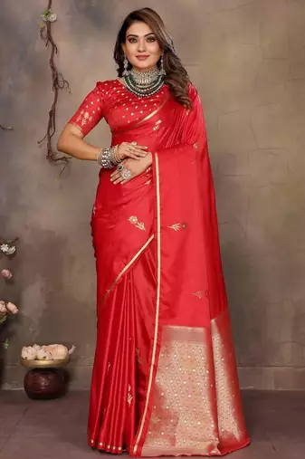 red ethnic motifs zari silk blend banarasi saree