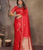 red ethnic motifs zari silk blend banarasi saree