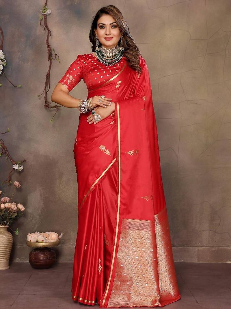 red ethnic motifs zari silk blend banarasi saree