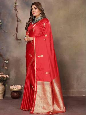 red ethnic motifs zari silk blend banarasi saree 2