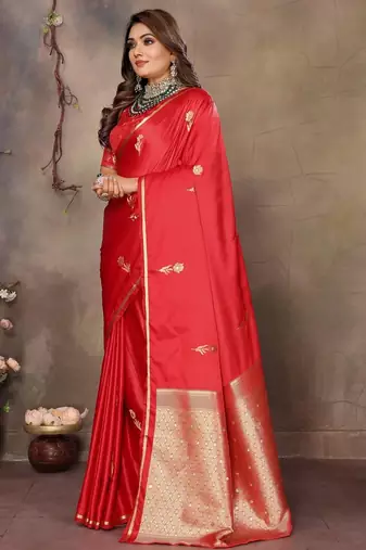 red ethnic motifs zari silk blend banarasi saree