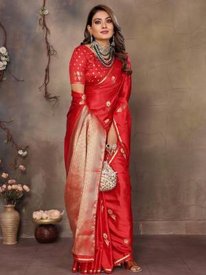 red ethnic motifs zari silk blend banarasi saree 3