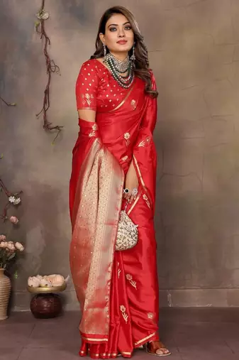 red ethnic motifs zari silk blend banarasi saree