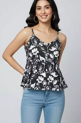 Black cotton printed top for women