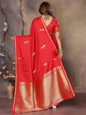 red ethnic motifs zari silk blend banarasi saree 4