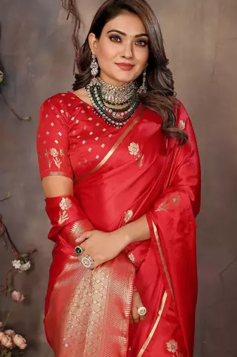 red ethnic motifs zari silk blend banarasi saree