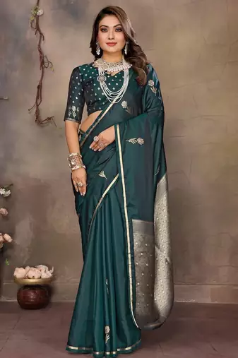teal ethnic motifs zari silk blend banarasi saree