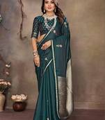 teal ethnic motifs zari silk blend banarasi saree