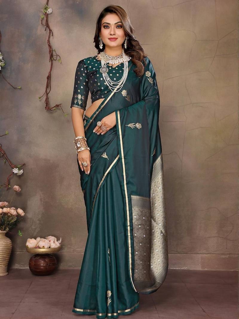 teal ethnic motifs zari silk blend banarasi saree