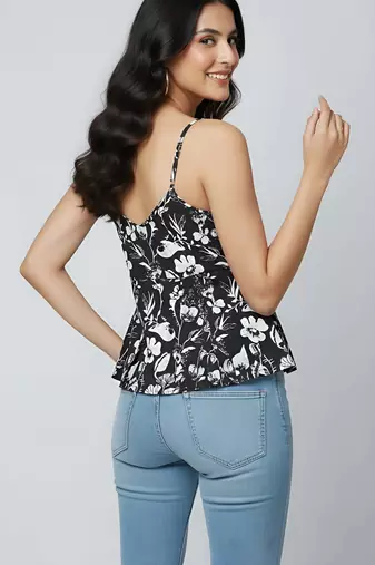 Black cotton printed top for women