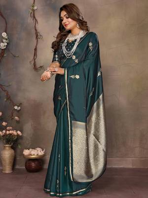 teal ethnic motifs zari silk blend banarasi saree 2