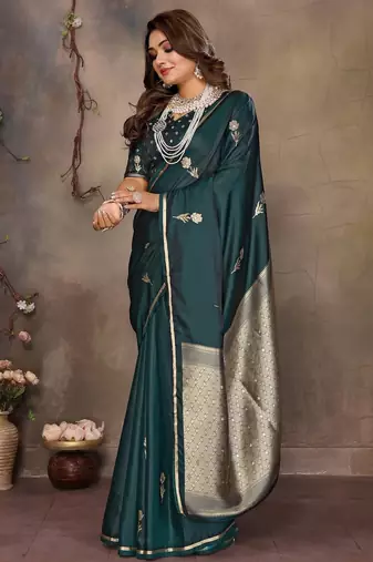 teal ethnic motifs zari silk blend banarasi saree