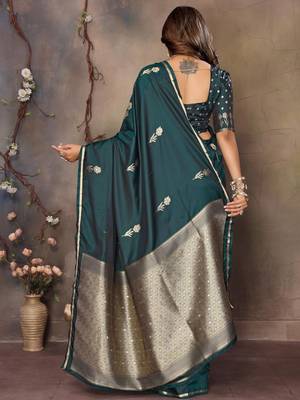 teal ethnic motifs zari silk blend banarasi saree 3