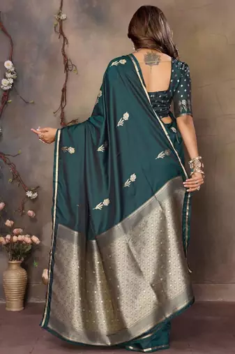 teal ethnic motifs zari silk blend banarasi saree