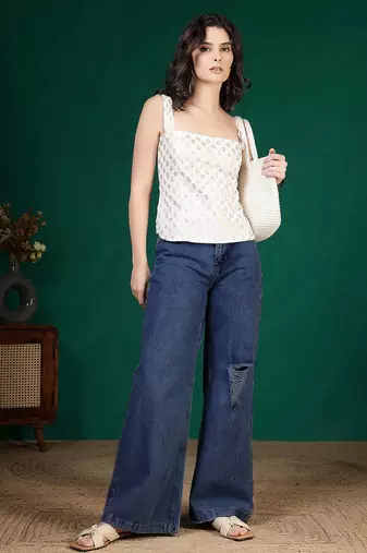 Off-white cotton printed top for women