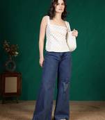 Off-white cotton printed top for women