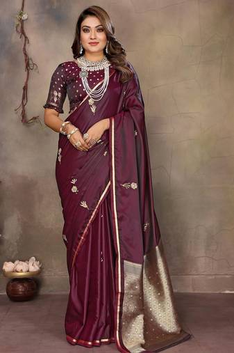 maroon ethnic motifs zari silk blend banarasi saree