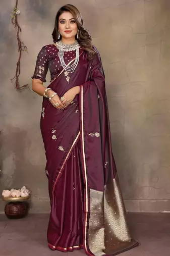 maroon ethnic motifs zari silk blend banarasi saree