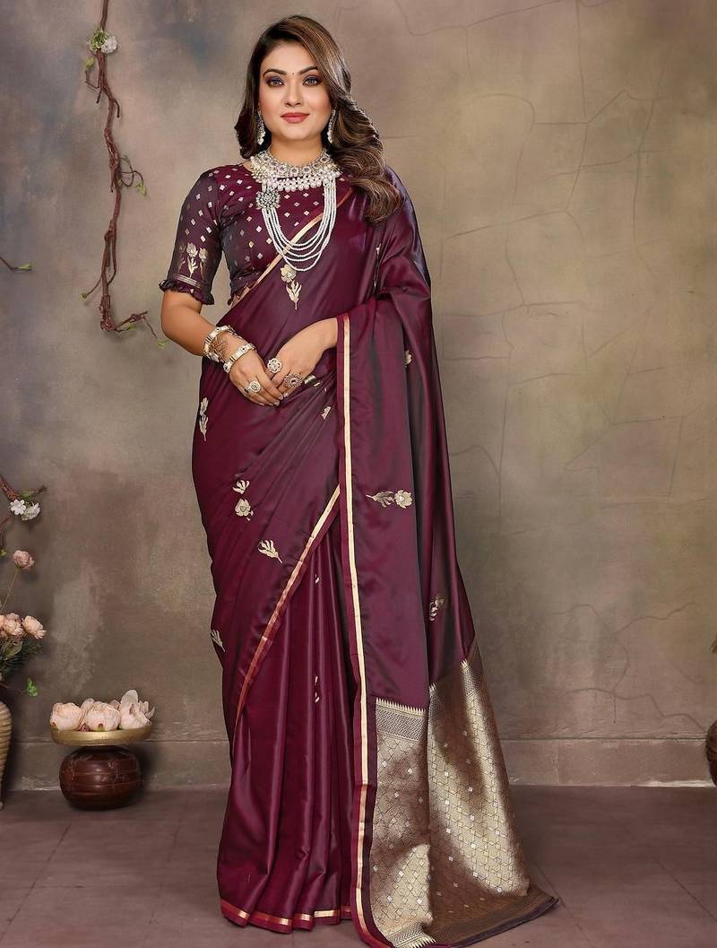 maroon ethnic motifs zari silk blend banarasi saree